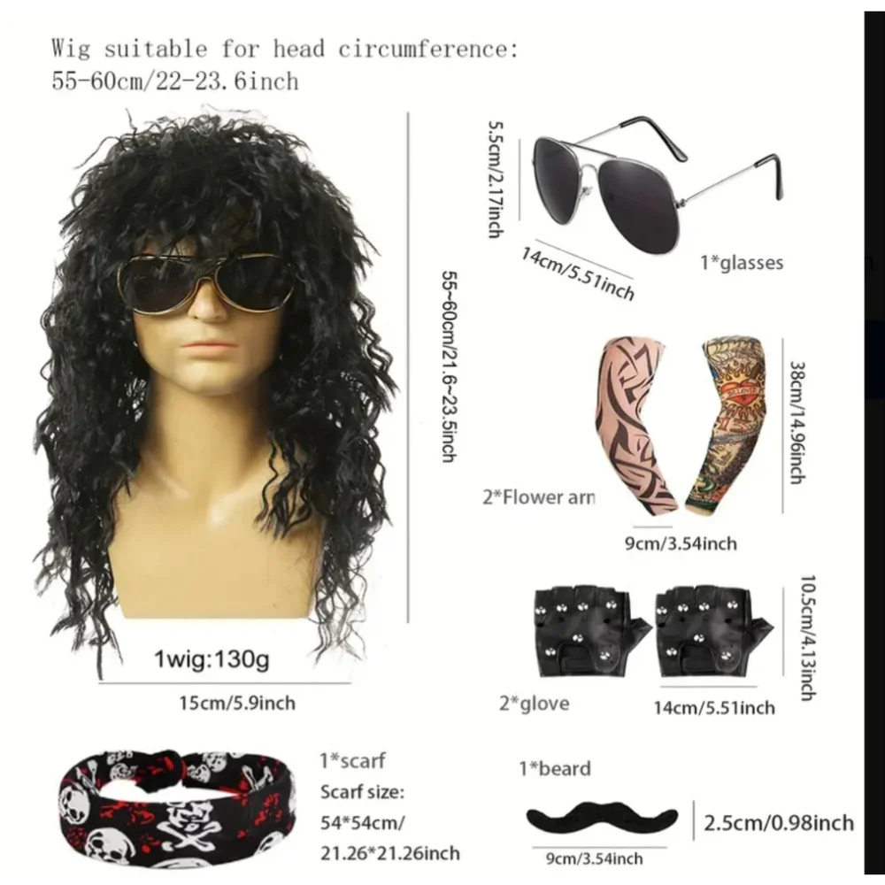 Rocker Costume Long Black Wig Heavy Metal Biker Festival Tattoo Sleeves Cosplay - Picture 8 of 11